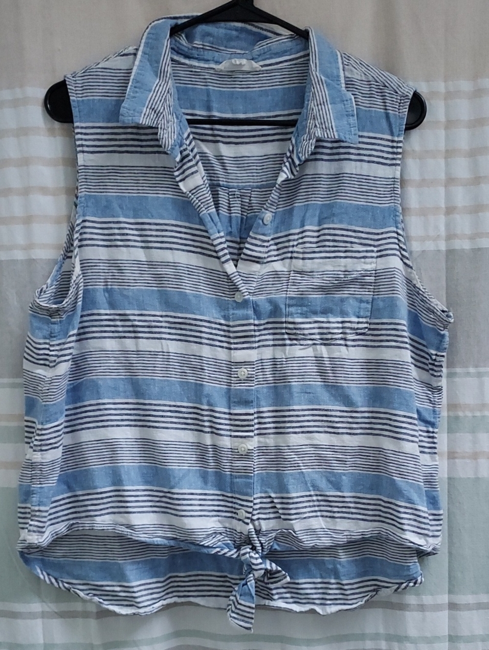 beachlunchlounge Blue and White Striped Sleeveless Button-Front Tie Top